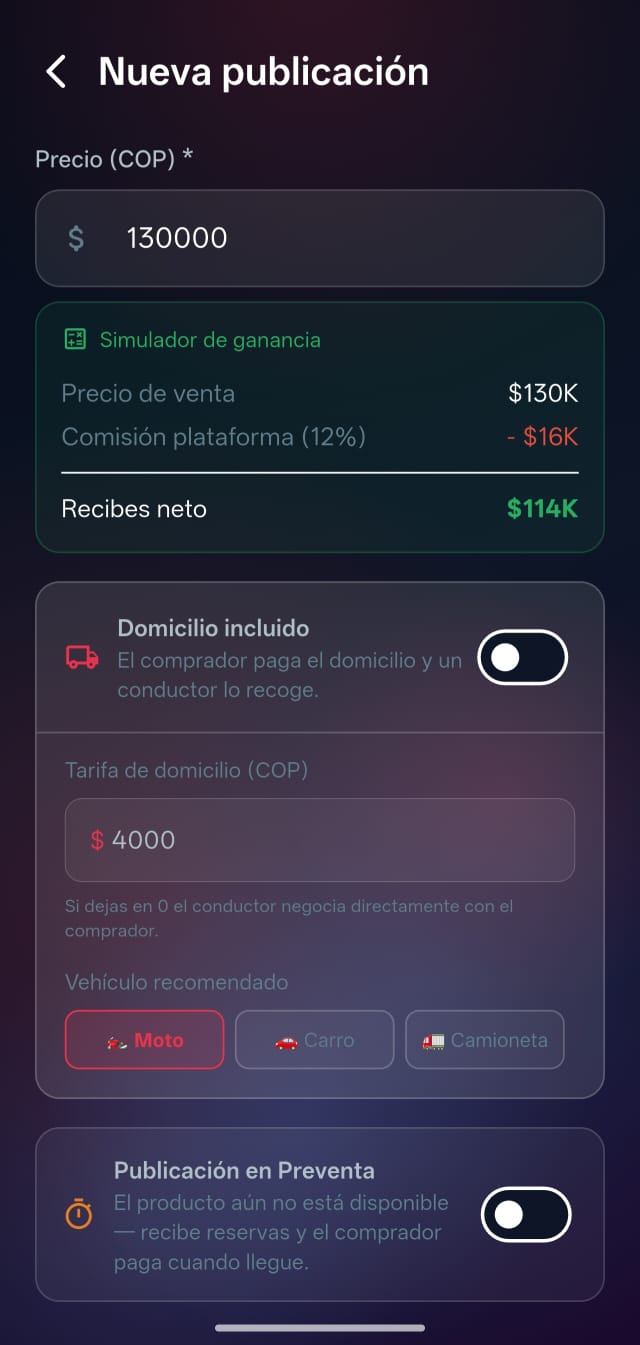 Opciones de domicilio y preventa